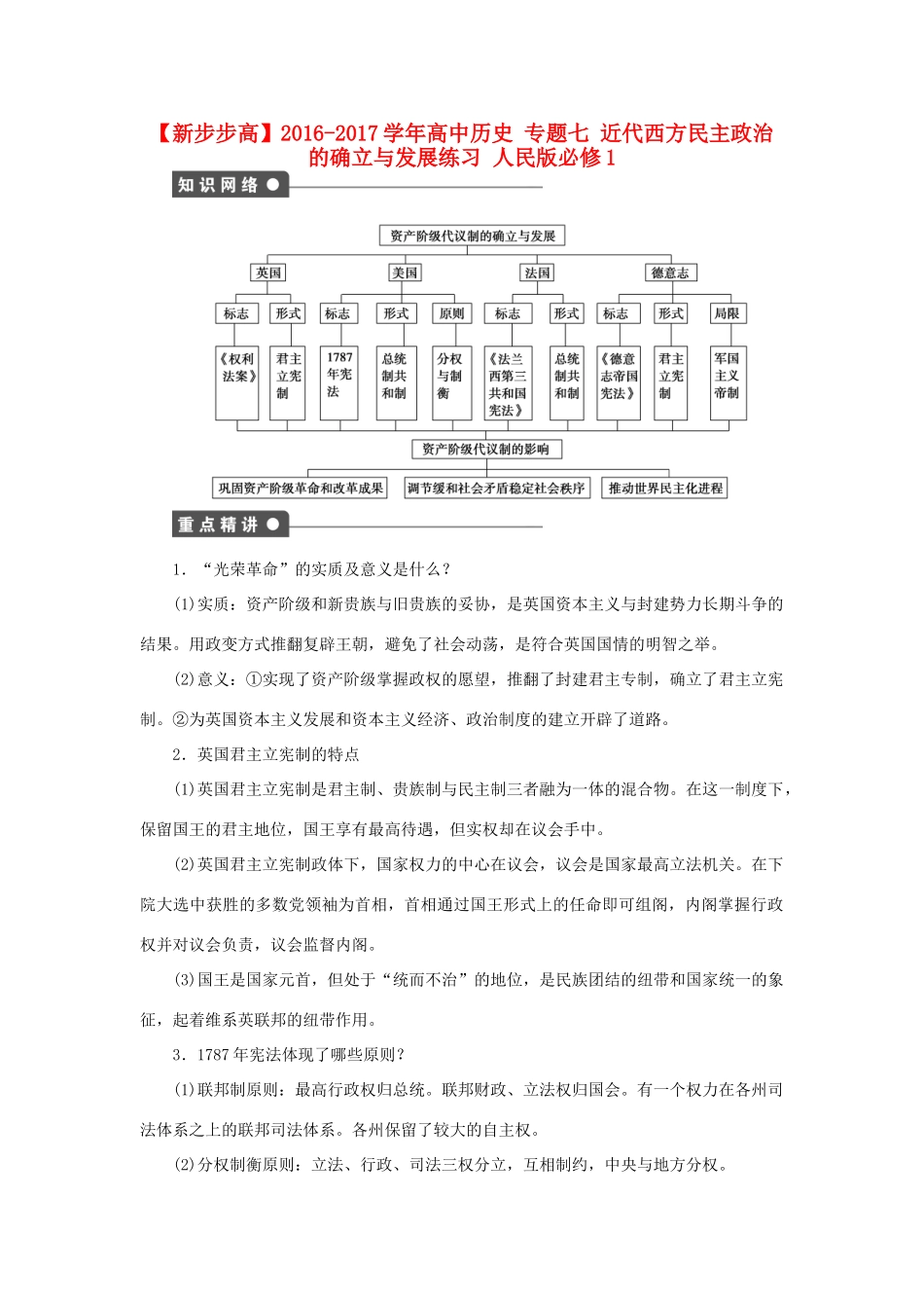 高中历史 专题七 近代西方民主政治的确立与发展练习 人民版必修1-人民版高一必修1历史试题_第1页