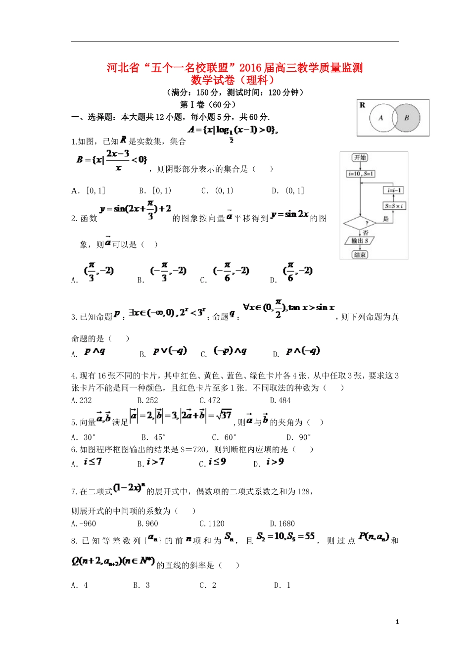 河北省“五个一联盟”高三数学上学期教学质量监测试题 理-人教版高三全册数学试题_第1页