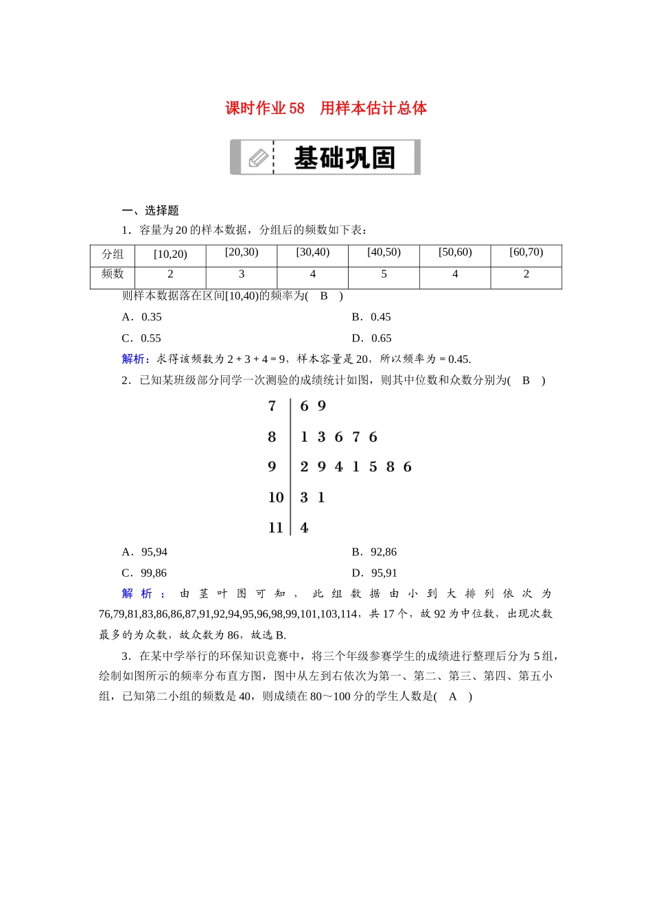 （山东专用）新高考数学一轮复习 第九章 统计、统计案例 课时作业58 用样本估计总体（含解析）-人教版高三全册数学试题_第1页