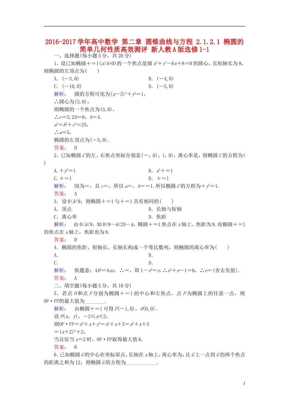 高中数学 第二章 圆锥曲线与方程 2.1.2.1 椭圆的简单几何性质高效测评 新人教A版选修1-1-新人教A版高二选修1-1数学试题_第1页