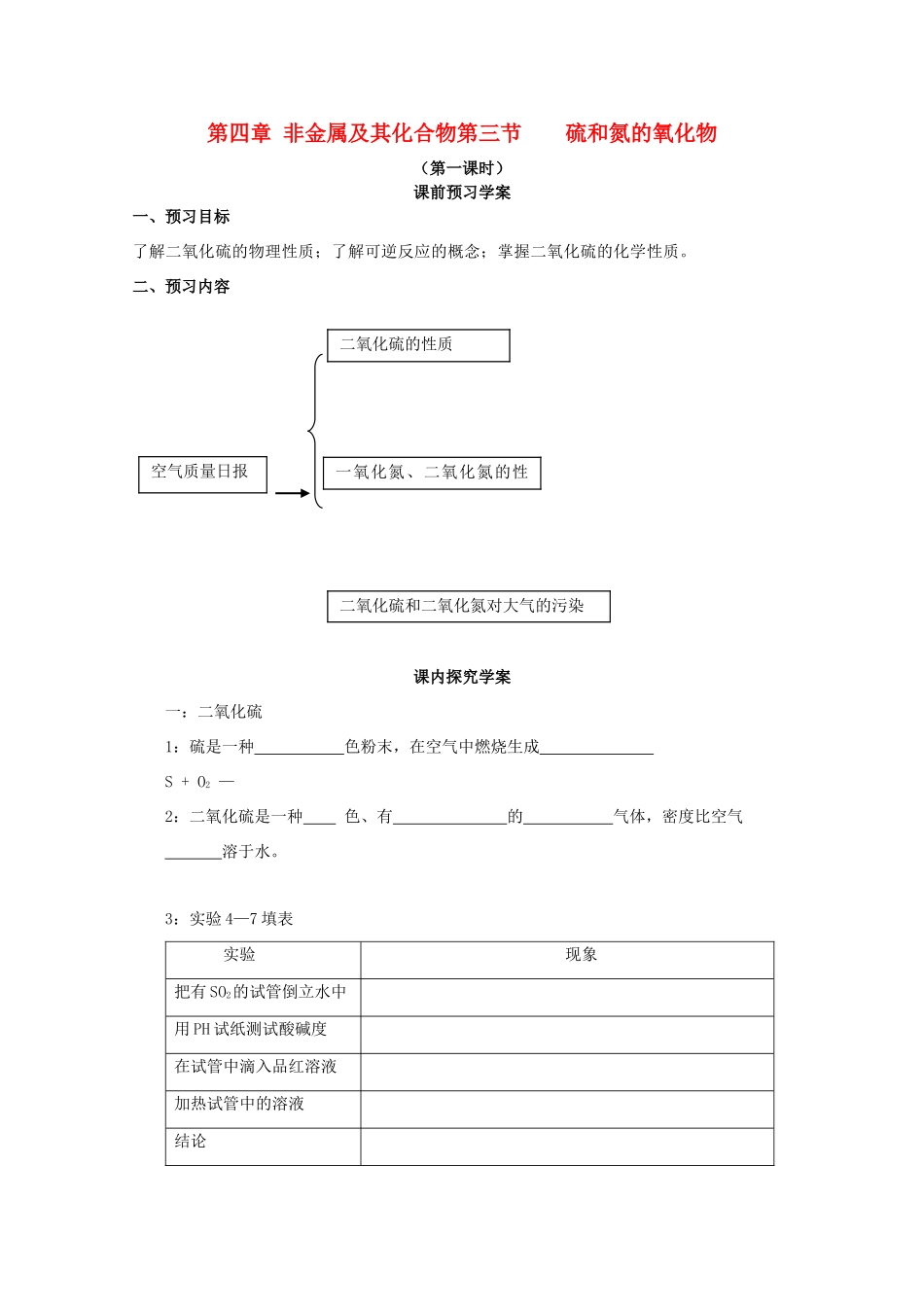 临清市高中化学 第四章第三节（1）硫和氮的氧化物学案 新人教版必修1_第1页