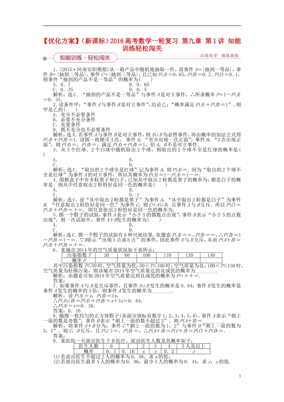 优化方案（新课标）高考数学一轮复习 第九章 第1讲 知能训练轻松闯关-人教版高三全册数学试题_第1页