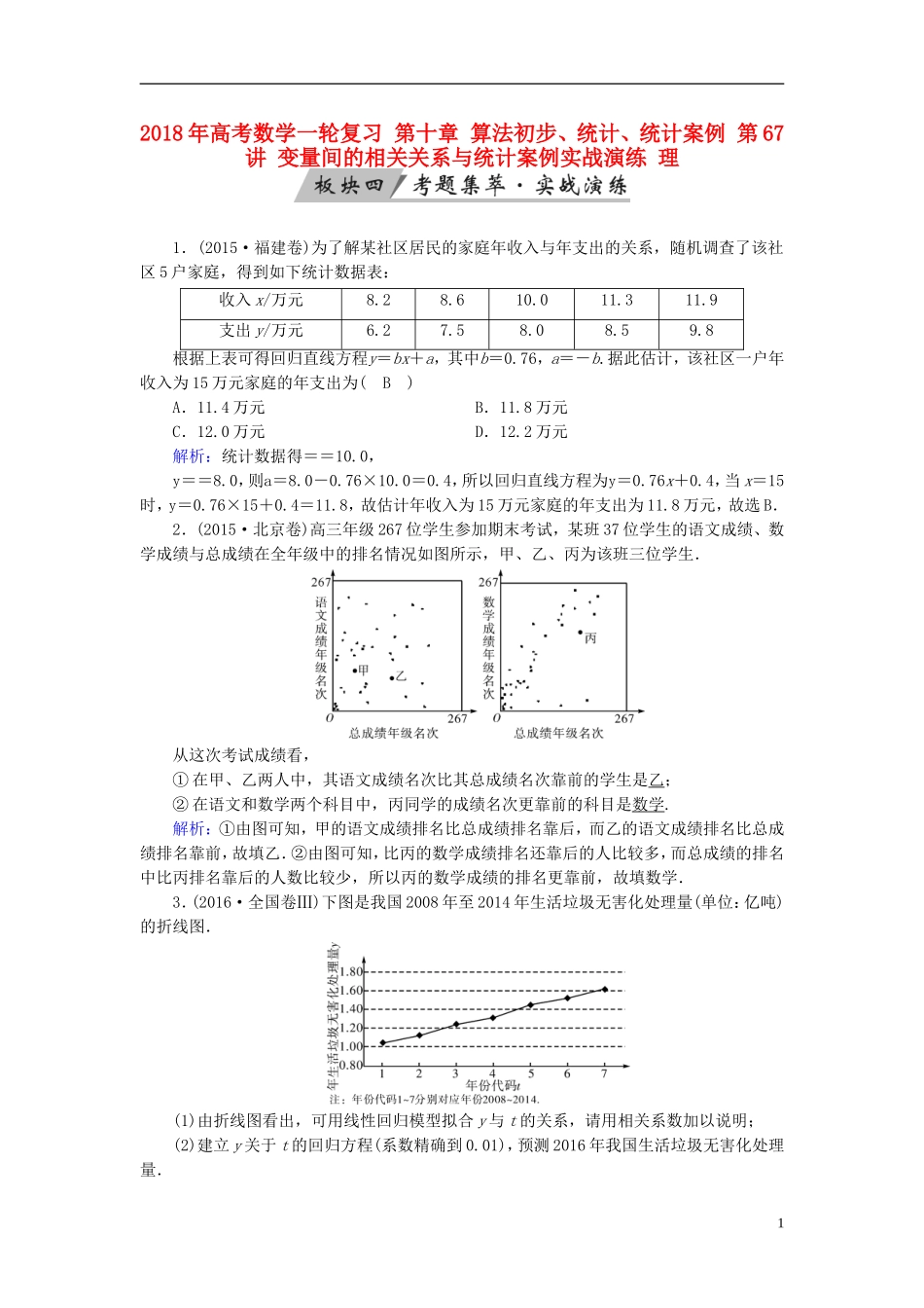 高考数学一轮复习 第十章 算法初步、统计、统计案例 第67讲 变量间的相关关系与统计案例实战演练 理-人教版高三全册数学试题_第1页