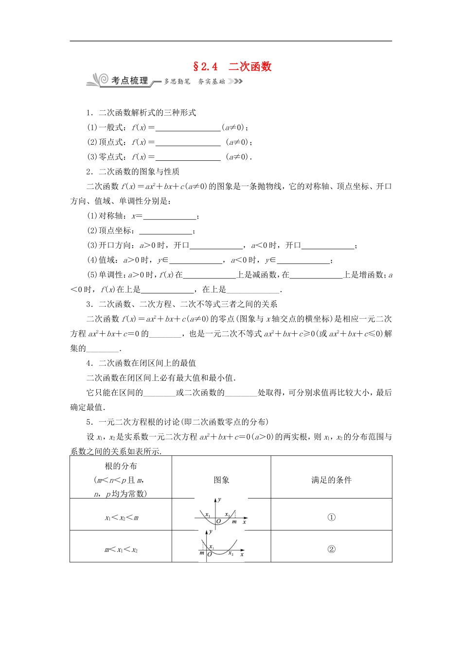 核按钮（新课标）高考数学一轮复习 第二章 函数的概念、基本初等函数（Ⅰ）及函数的应用 2.4 二次函数习题 理-人教版高三全册数学试题_第1页