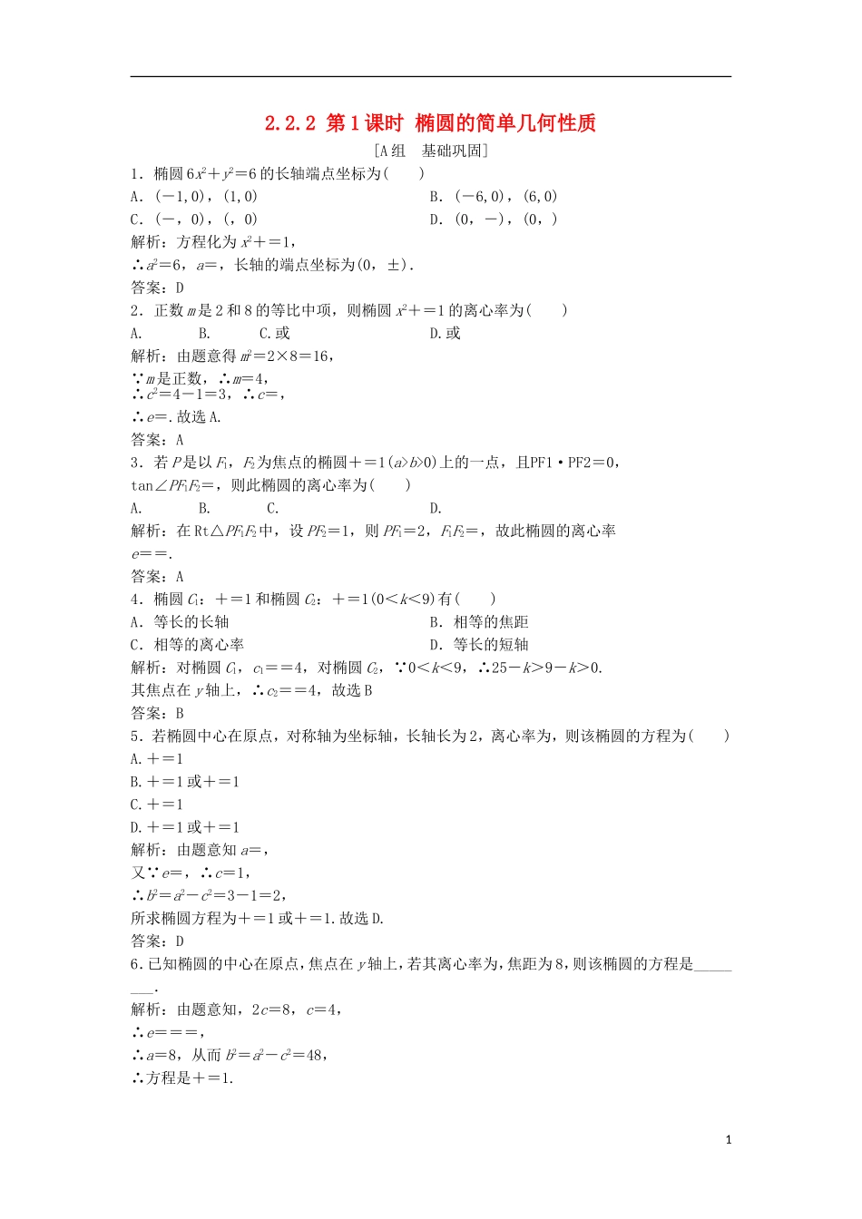 高中数学 第二章 圆锥曲线与方程 2.2 椭圆 2.2.2 第1课时 椭圆的简单几何性质优化练习 新人教A版选修2-1-新人教A版高二选修2-1数学试题_第1页