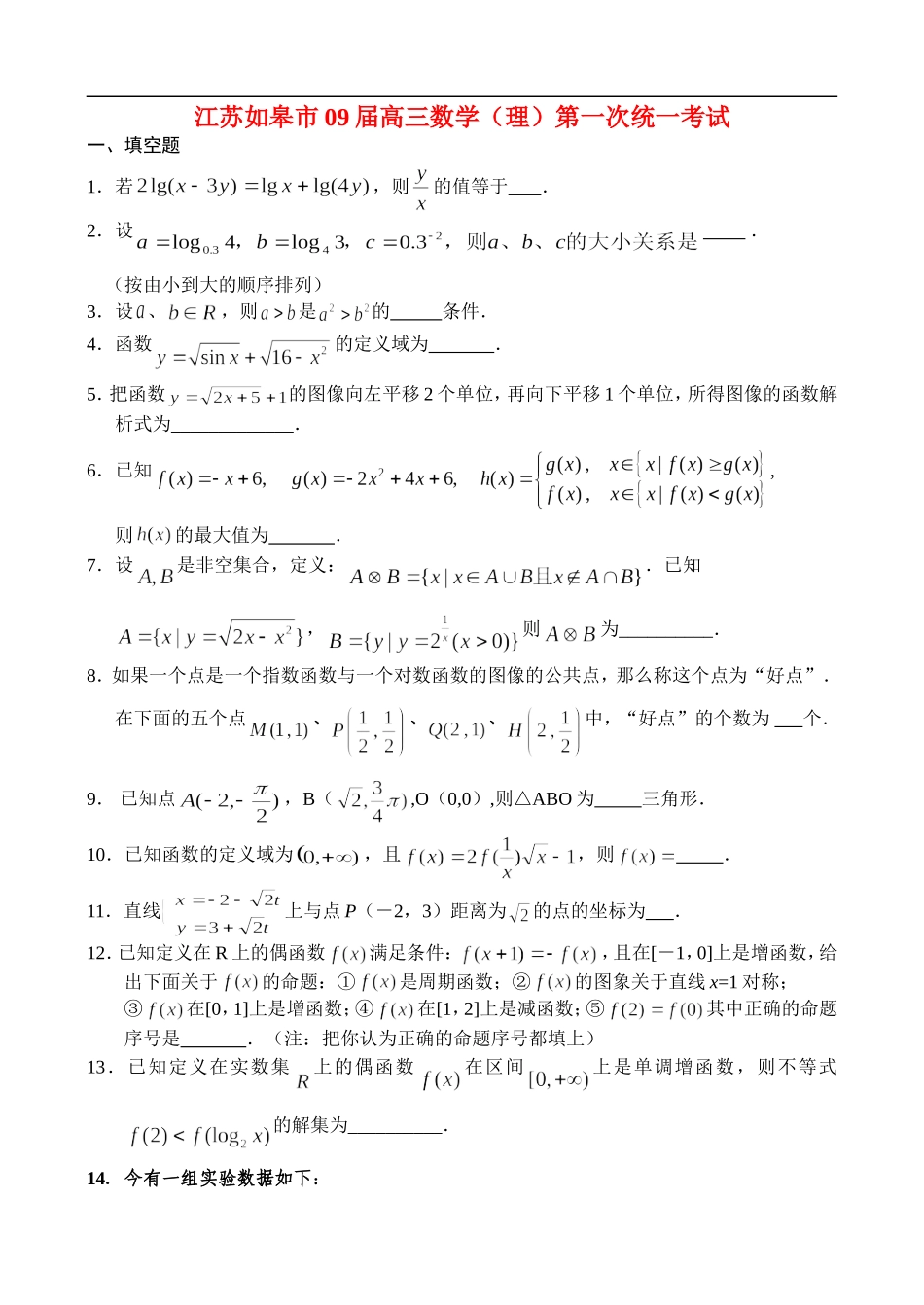 江苏如皋市09届高三数学（理）第一次统一考试_第1页