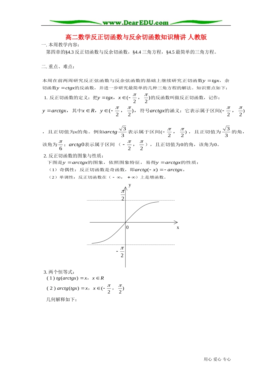 高二数学反正切函数与反余切函数知识精讲 人教版_第1页