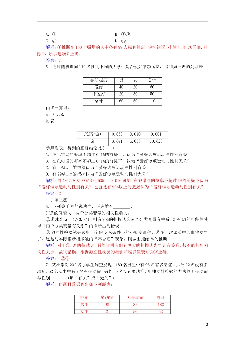 高中数学 第三章 统计案例 3.2 独立性检验的基本思想及其初步应用检测（含解析）新人教A版选修2-3-新人教A版高二选修2-3数学试题_第2页