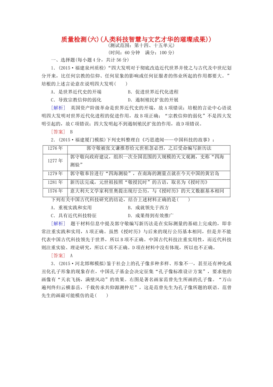 （课标版）高考历史一轮总复习 质量检测6 人类科技智慧与文艺才华的璀璨成果-人教版高三全册历史试题_第1页