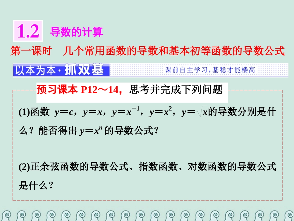 高中数学 第一章 导数及其应用 1.2 导数的计算 第1课时 几个常用函数的导数和基本初等函数的导数公式-人教版高二全册数学试题_第1页