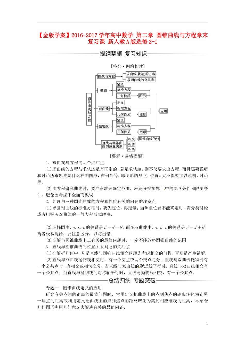 高中数学 第二章 圆锥曲线与方程章末复习课 新人教A版选修2-1-新人教A版高二选修2-1数学试题_第1页