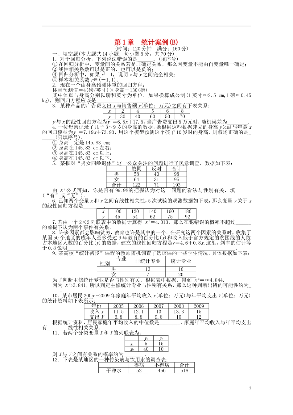 高中数学 第1章 统计案例章末检测（B）苏教版选修1-2-苏教版高二选修1-2数学试题_第1页