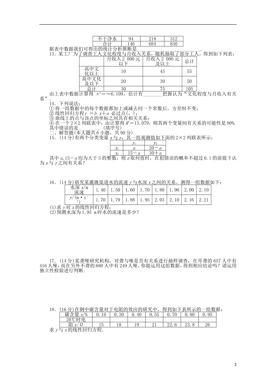 高中数学 第1章 统计案例章末检测（B）苏教版选修1-2-苏教版高二选修1-2数学试题_第2页