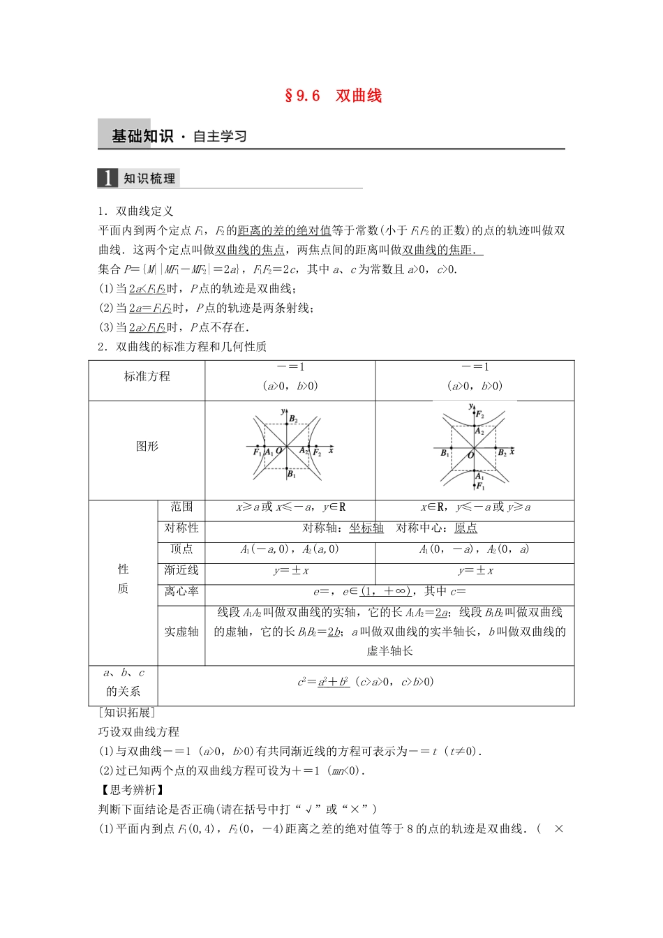高考数学大一轮复习 9.6双曲线教师用书 理 苏教版-苏教版高三全册数学试题_第1页