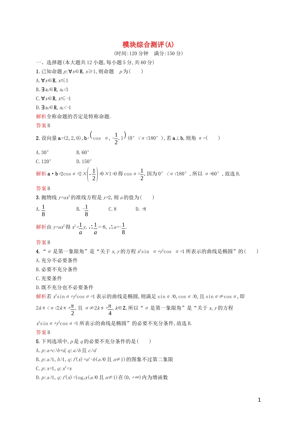 高中数学 模块综合测评（A）（含解析）新人教A版选修2-1-新人教A版高二选修2-1数学试题_第1页