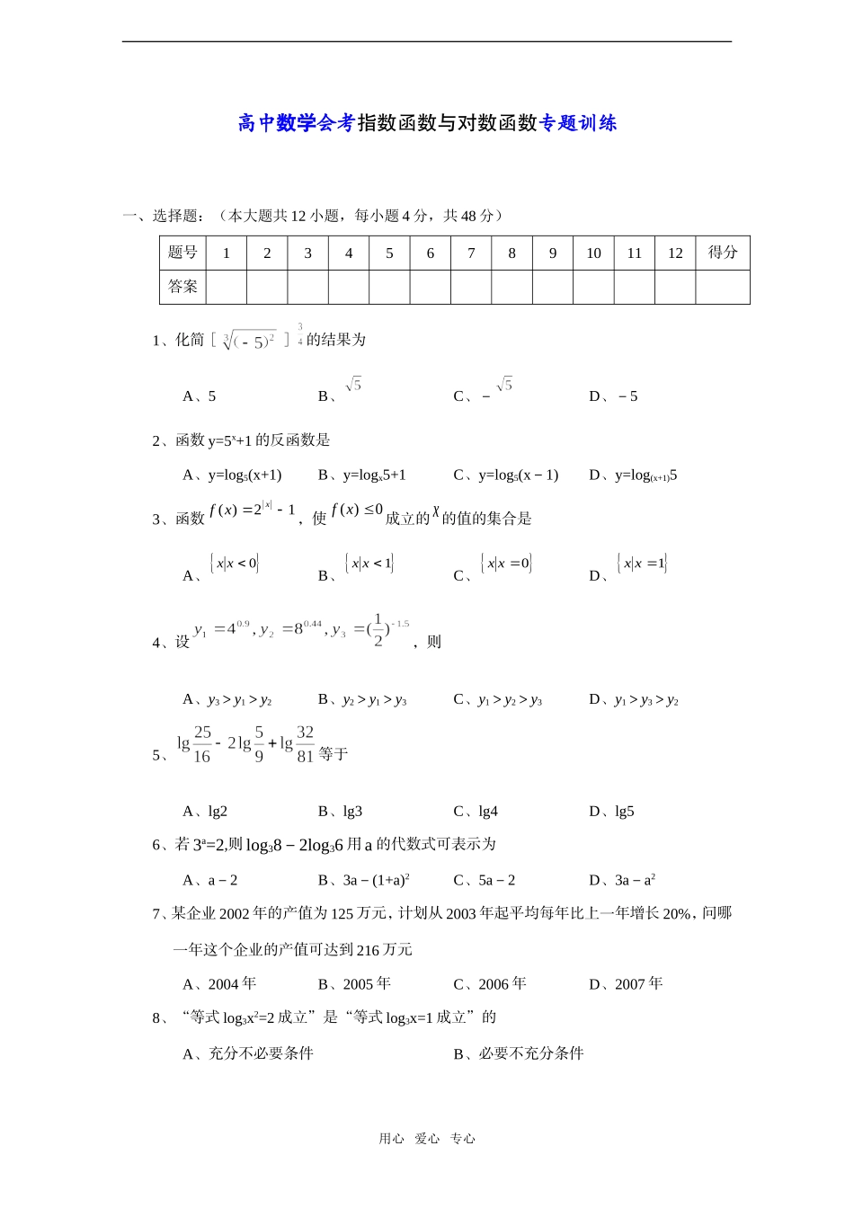 高中数学会考——指数函数与对数函数专题训练_第1页