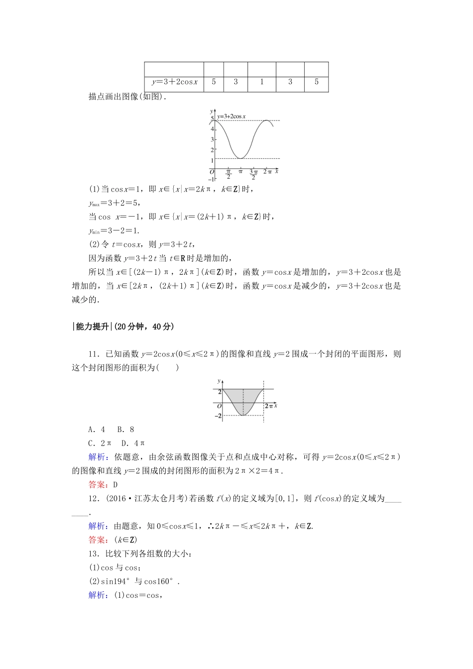 高中数学 课时作业6 余弦函数的图像 余弦函数的性质 北师大版必修4-北师大版高一必修4数学试题_第3页