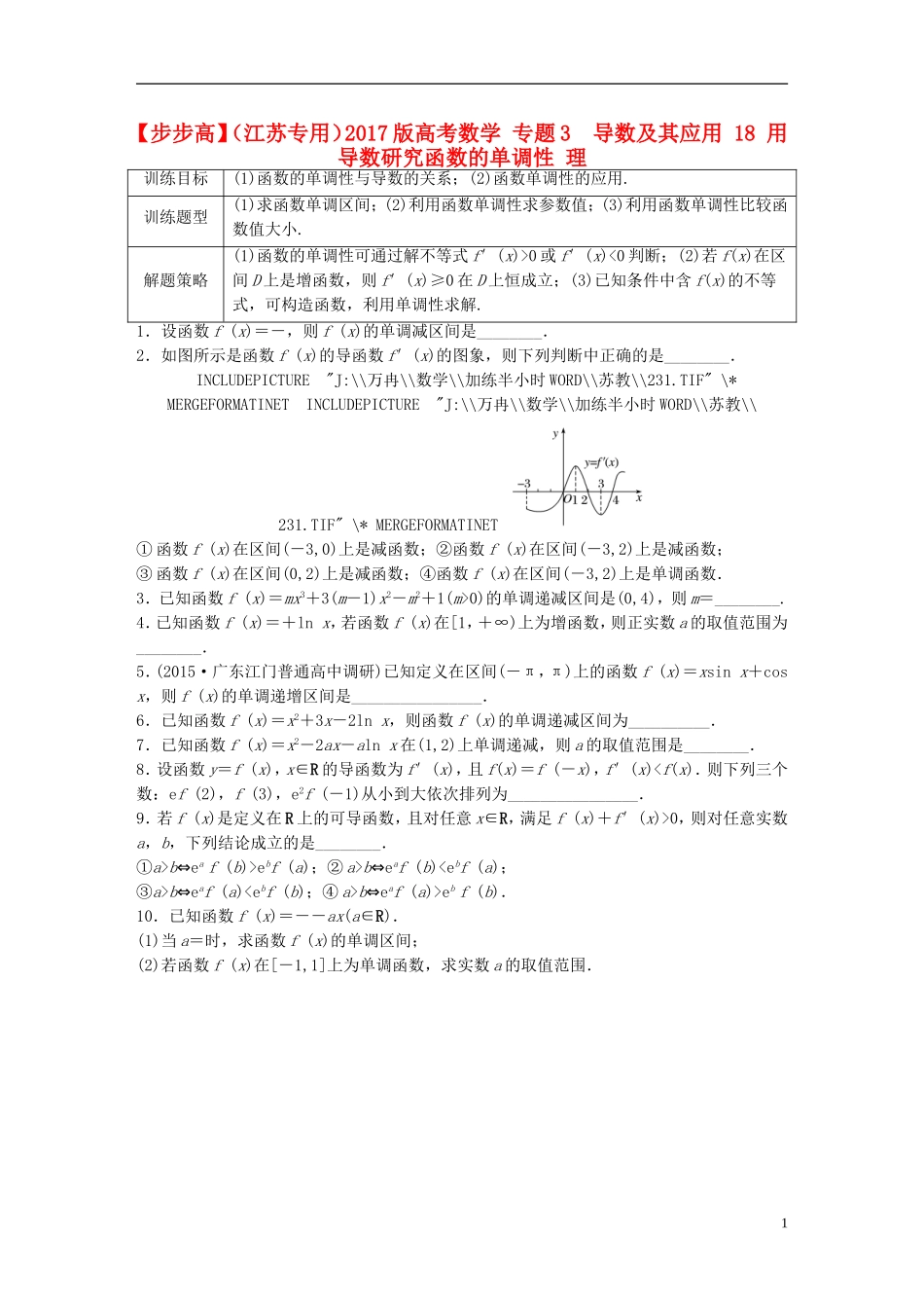 （江苏专用）高考数学 专题3  导数及其应用 18 用导数研究函数的单调性 理-人教版高三全册数学试题_第1页
