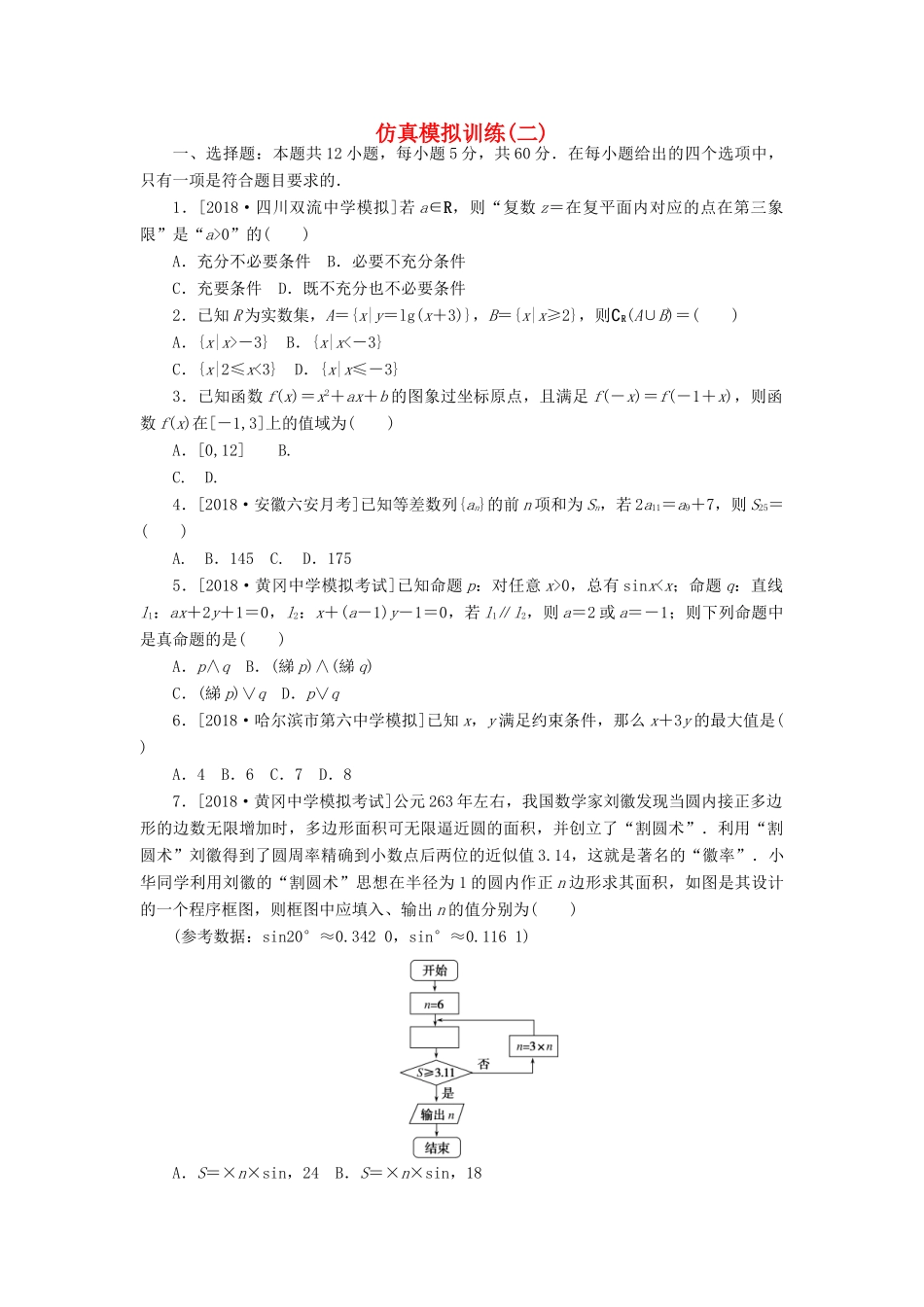 高考数学二轮复习 仿真模拟训练（二）文-人教版高三全册数学试题_第1页