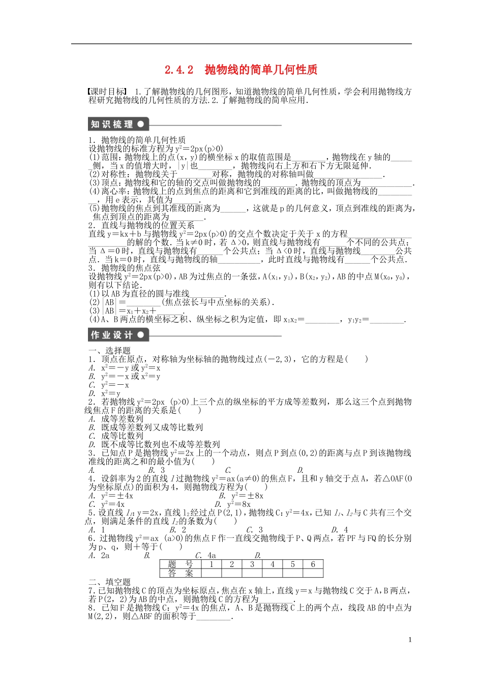 高中数学 2.4.2抛物线的简单几何性质课时作业 新人教A版选修2-1-新人教A版高二选修2-1数学试题_第1页