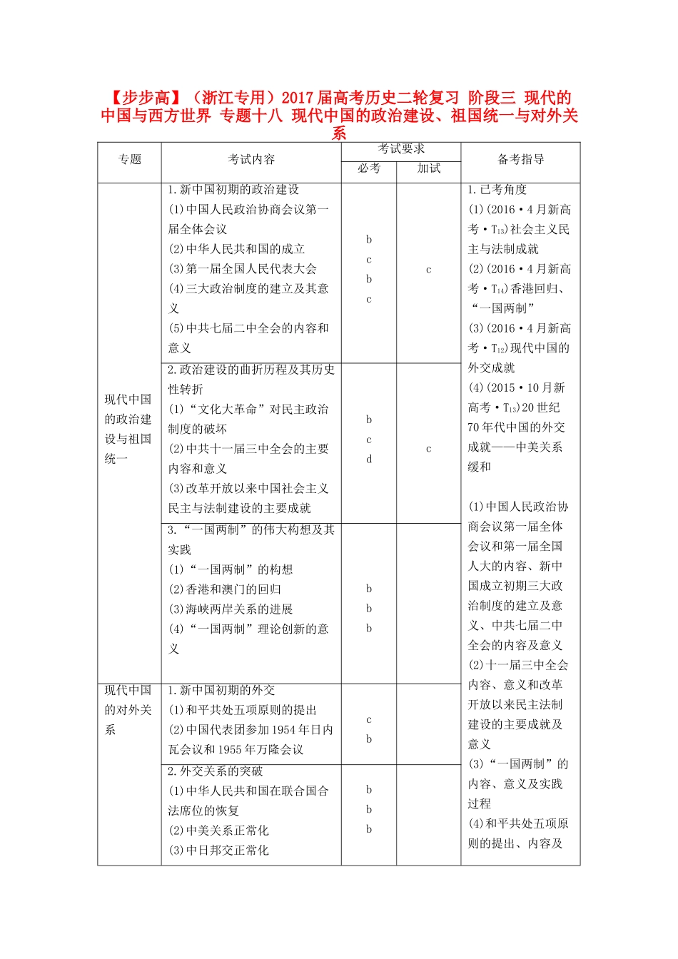 （浙江专用）高考历史二轮复习 阶段三 现代的中国与西方世界 专题十八 现代中国的政治建设、祖国统一与对外关系-人教版高三全册历史试题_第1页