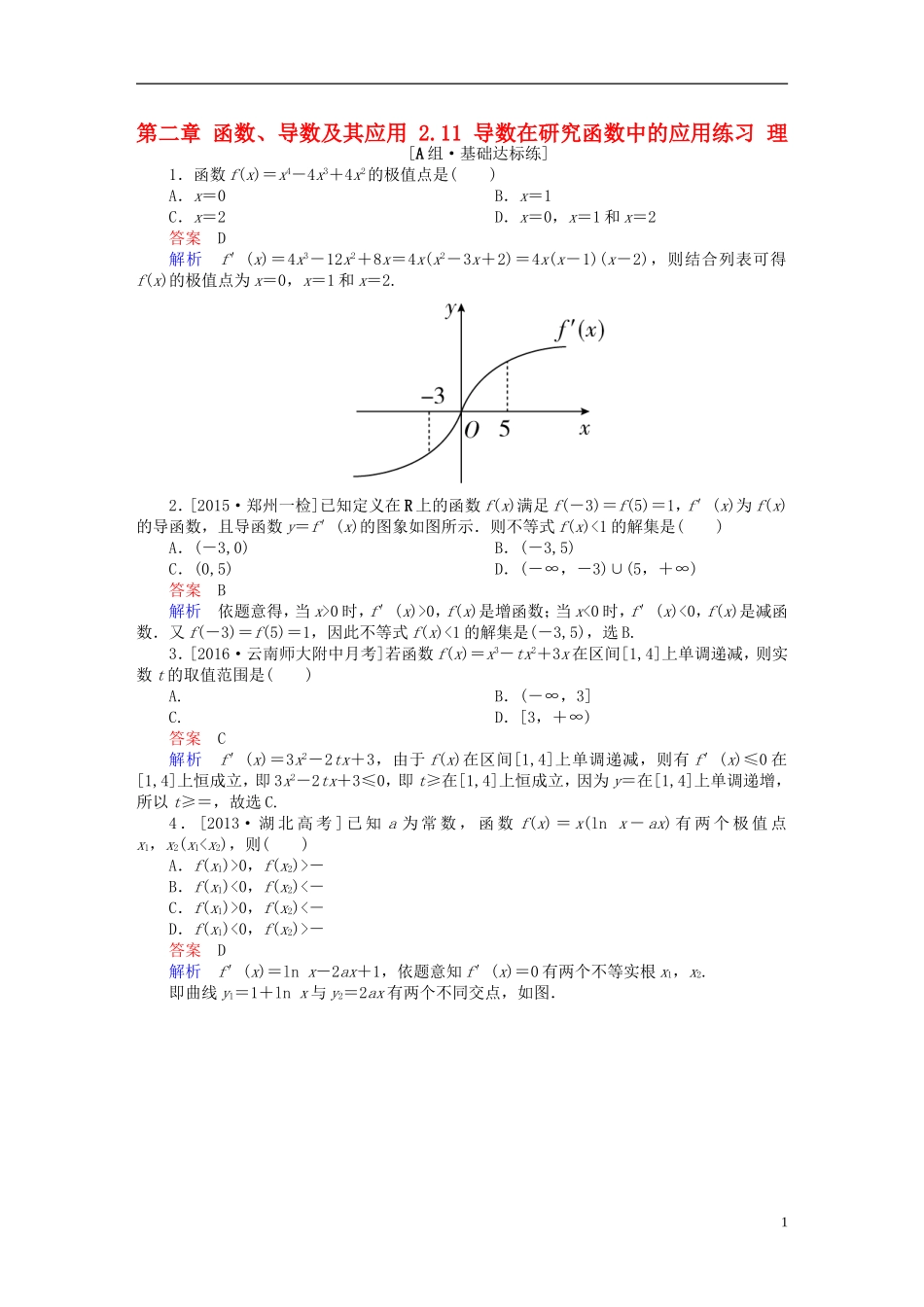 高考数学一轮复习 第二章 函数、导数及其应用 2.11 导数在研究函数中的应用练习 理-人教版高三全册数学试题_第1页