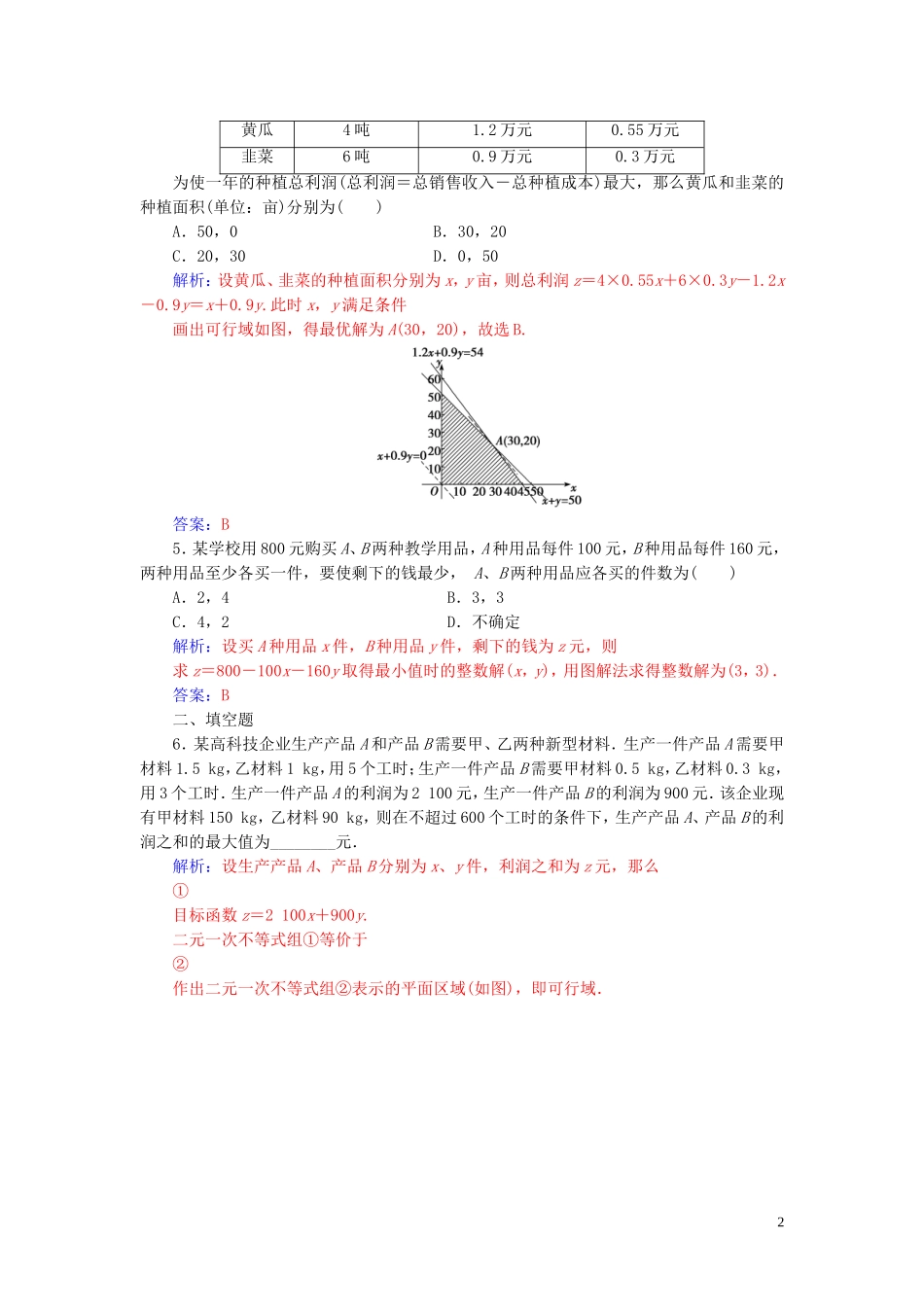 高中数学 第三章 不等式 3.3 二元一次不等式（组）与简单的线性 3.3.2 第2课时 简单线性规划的应用练习（含解析）新人教A版必修5-新人教A版高二必修5数学试题_第2页