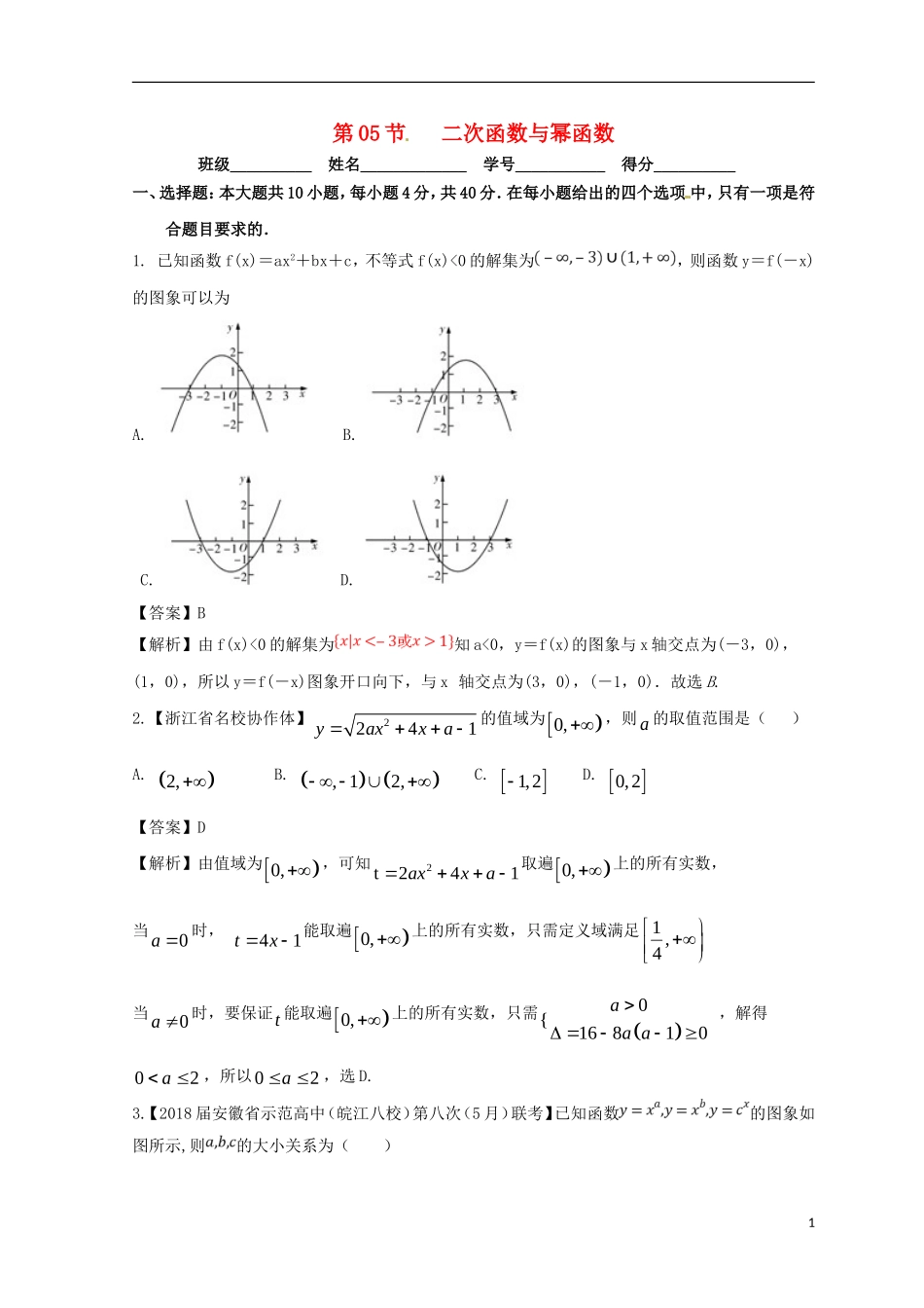 （浙江专版）高考数学一轮复习 专题2.5 二次函数与幂函数（测）-人教版高三全册数学试题_第1页