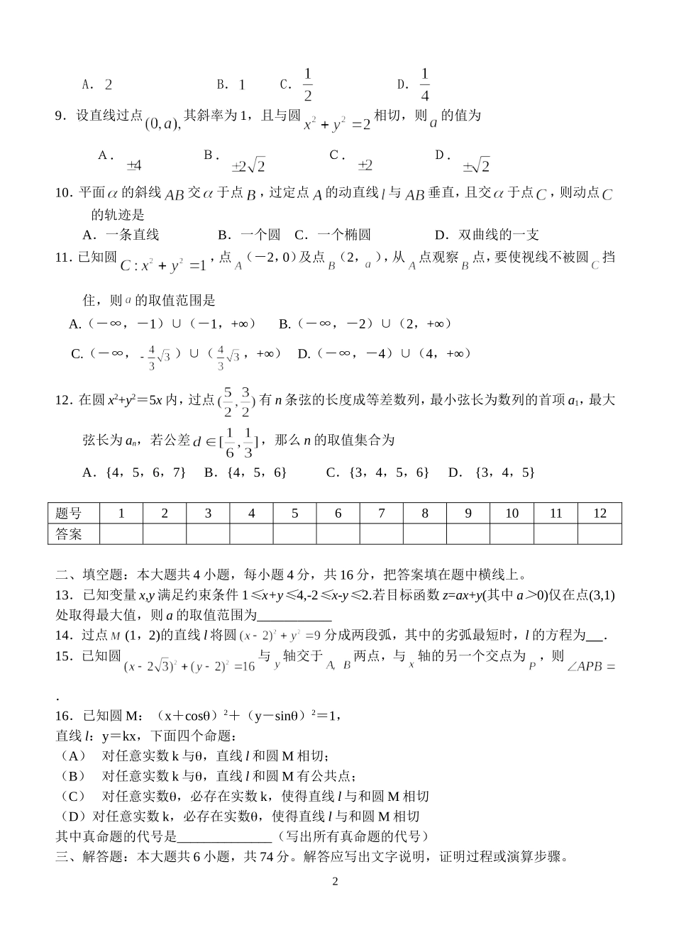 江苏省范水高级中学高三第一轮复习训练题数学（12）（直线和圆的方程）_第2页
