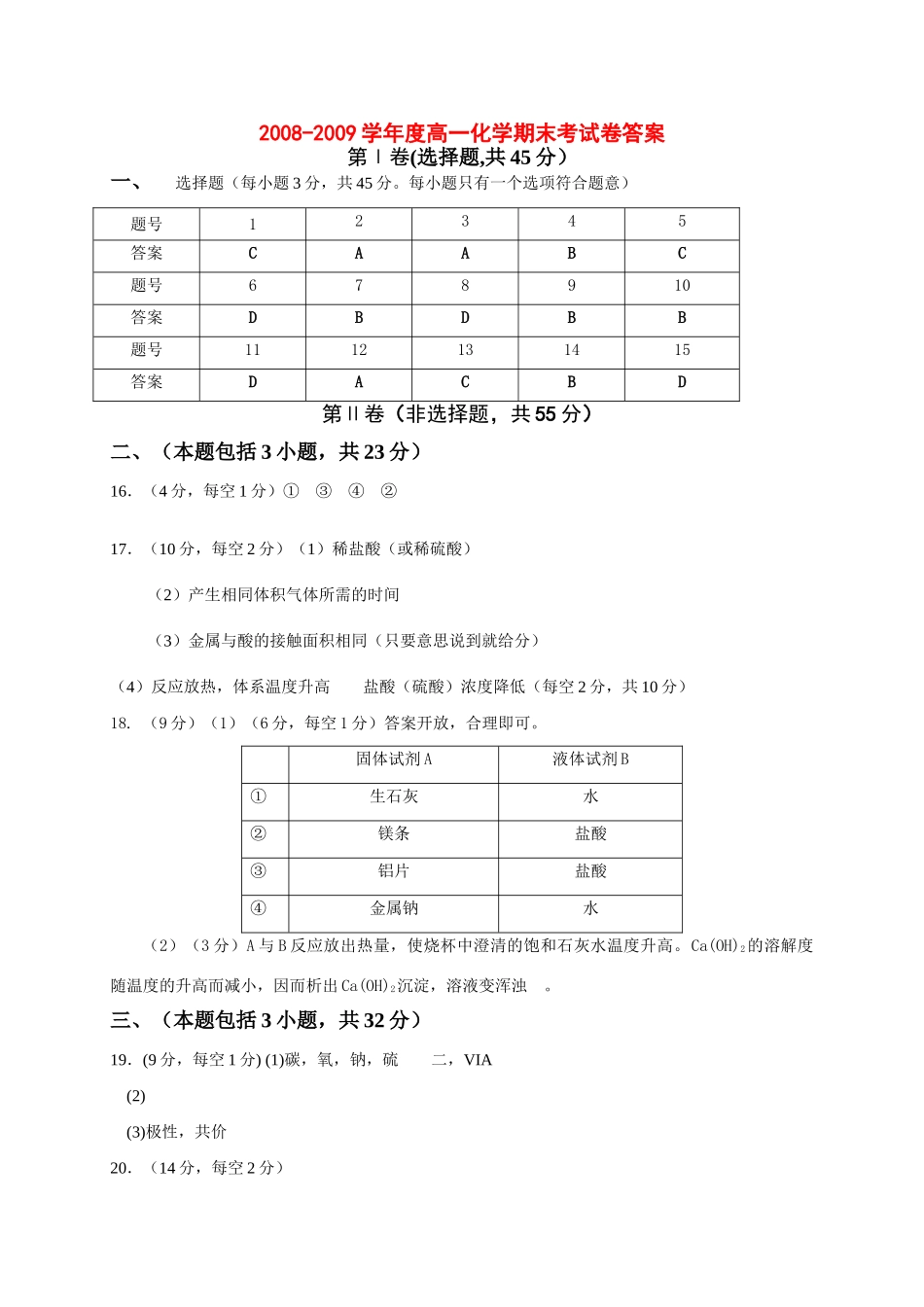 名校精品试卷之巢湖市第一中学高一化学必修2期末考试答案卷_第1页