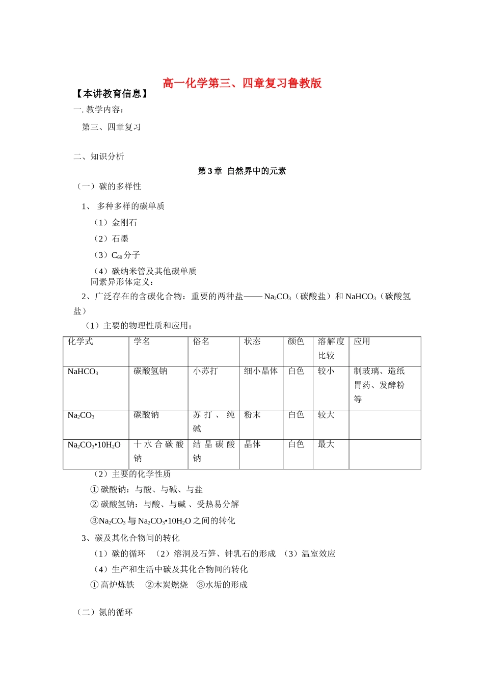 高一化学第三、四章复习鲁教版知识精讲_第1页