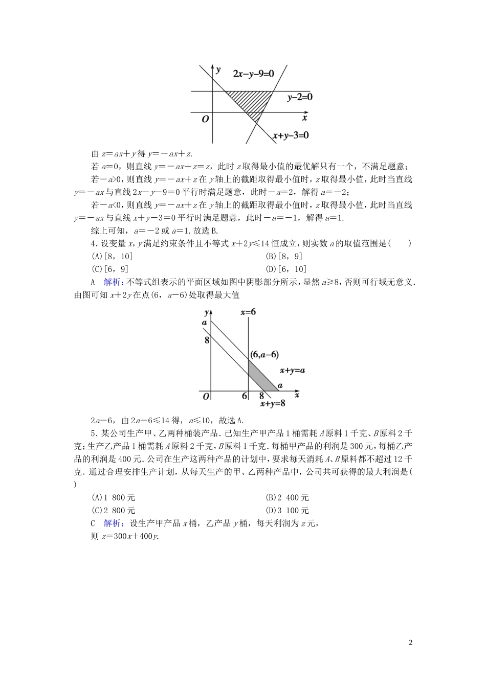 高考数学一轮复习 第六篇 不等式 第3节 二元一次不等式(组)与简单的线性规划问题课时作业 文（含解析）新人教A版-新人教A版高三全册数学试题_第2页