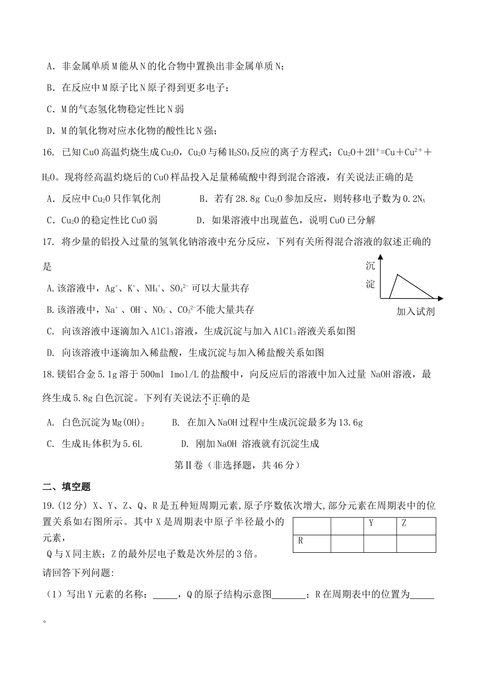 福建省六校高一化学下学期期中联考试题-人教版高一全册化学试题_第3页