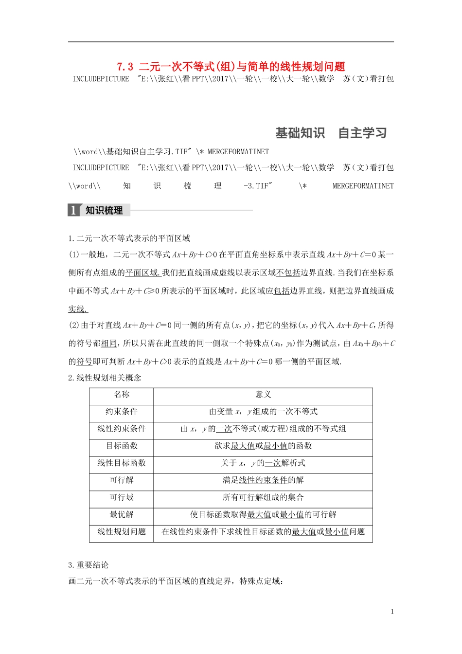 （江苏专用）高考数学大一轮复习 第七章 不等式 7.3 二元一次不等式(组)与简单的线性规划问题教师用书 文 苏教版-苏教版高三全册数学试题_第1页