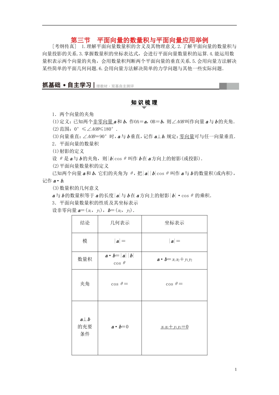 高考数学一轮复习 第4章 平面向量、数系的扩充与复数的引入 第3节 平面向量的数量积与平面向量应用举例教师用书 文 北师大版-北师大版高三全册数学试题_第1页