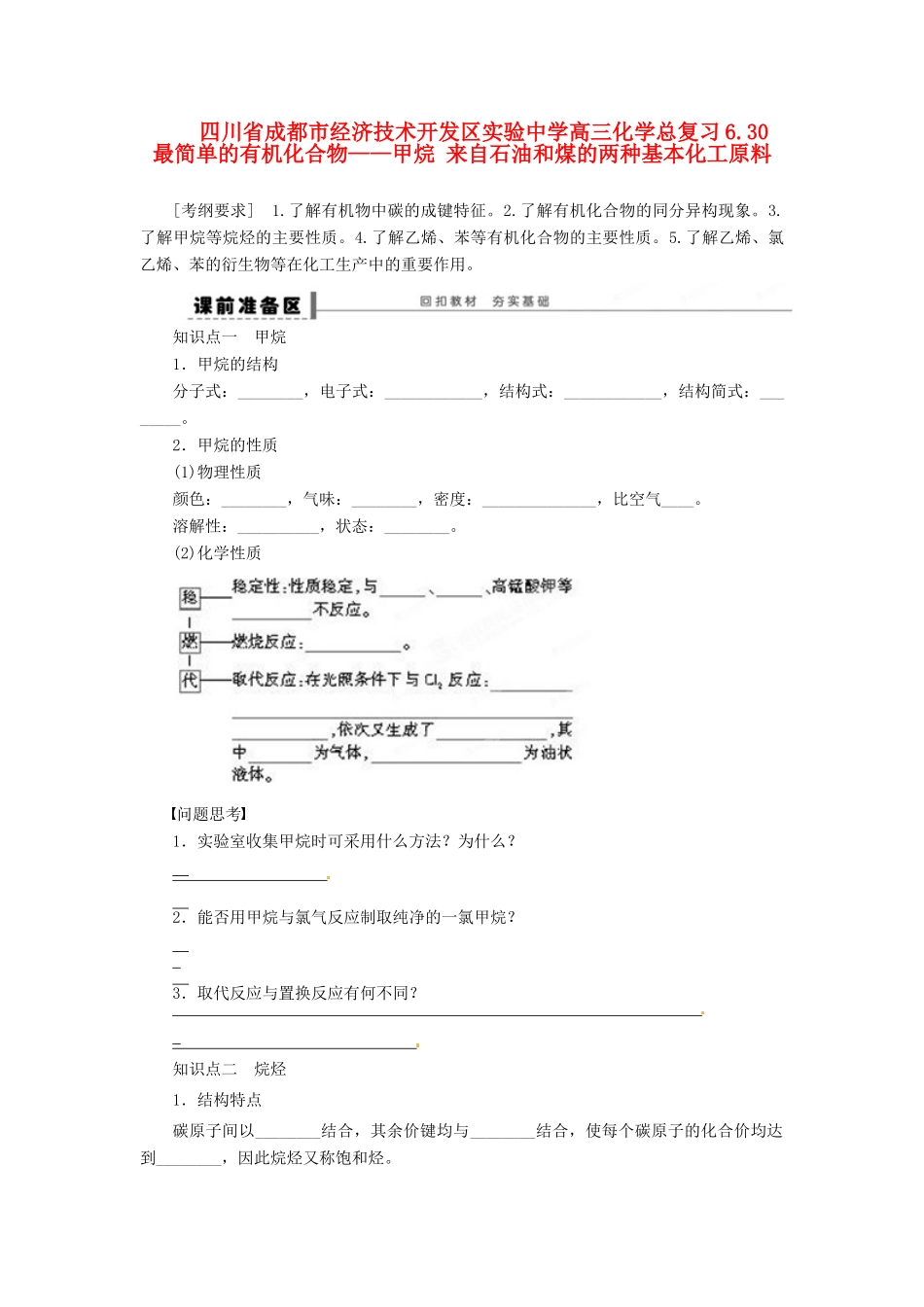四川省成都市经济技术开发区实验中学高三化学总复习 6.30 最简单的有机化合物——甲烷 来自石油和煤的两种基本化工原料_第1页