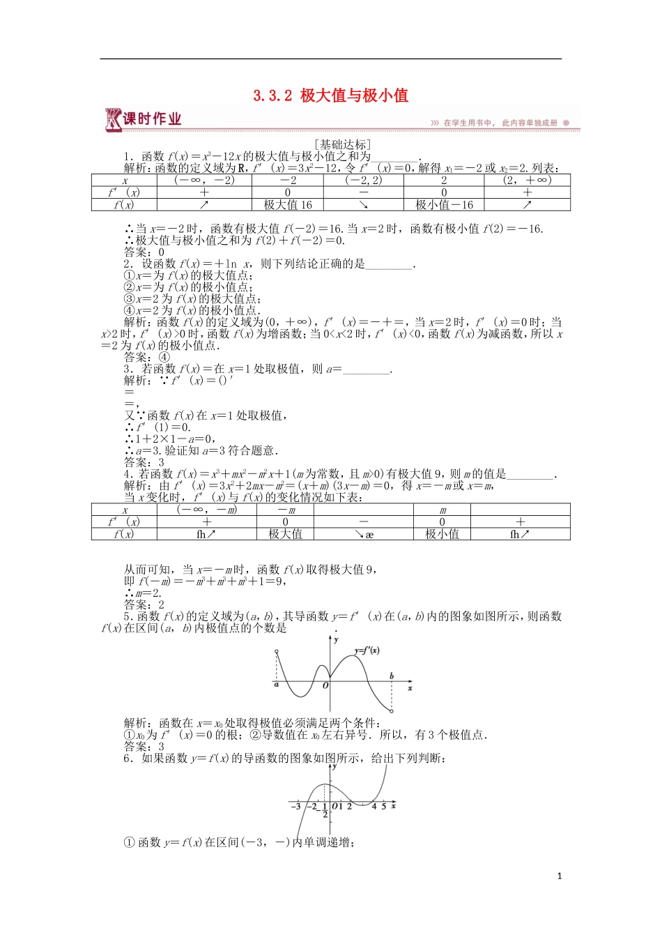 高中数学 第三章 导数及其应用 3.3.2 极大值与极小值作业 苏教版选修1-1-苏教版高二选修1-1数学试题_第1页