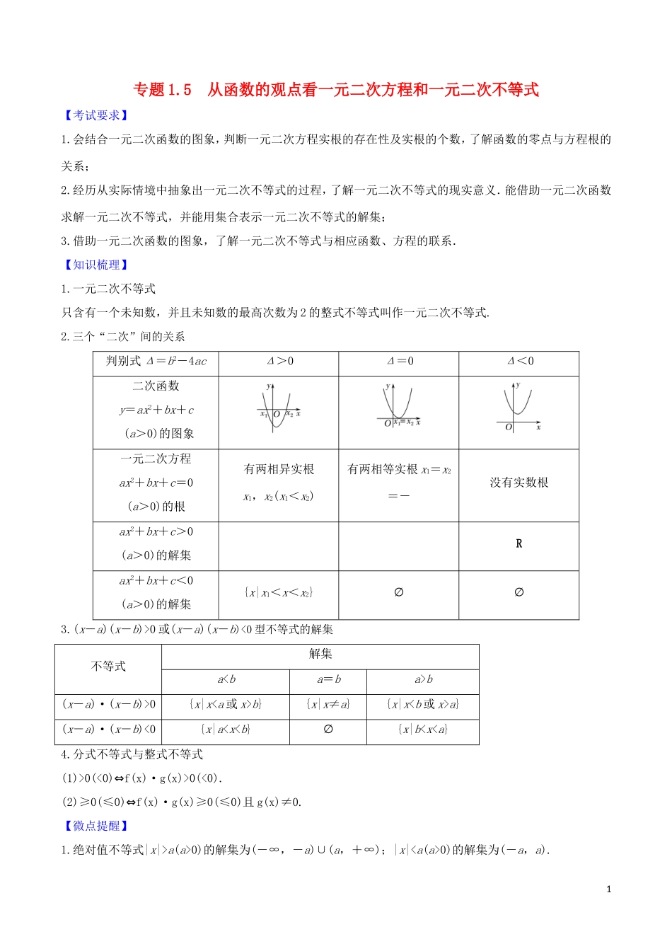高考数学一轮复习 第一篇 集合与不等式 专题1.5 从函数的观点看一元二次方程与一元二次不等式练习（含解析）-人教版高三全册数学试题_第1页