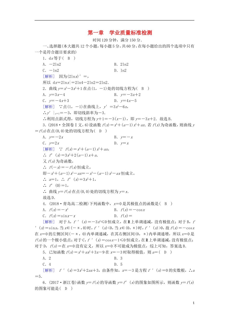 高中数学 第一章 导数及其应用学业质量标准检测 新人教A版选修2-2-新人教A版高二选修2-2数学试题_第1页