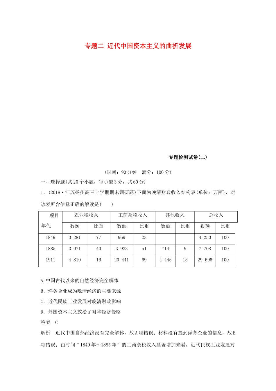 高中历史 专题二 近代中国资本主义的曲折发展专题检测试卷 人民版必修2-人民版高一必修2历史试题_第1页