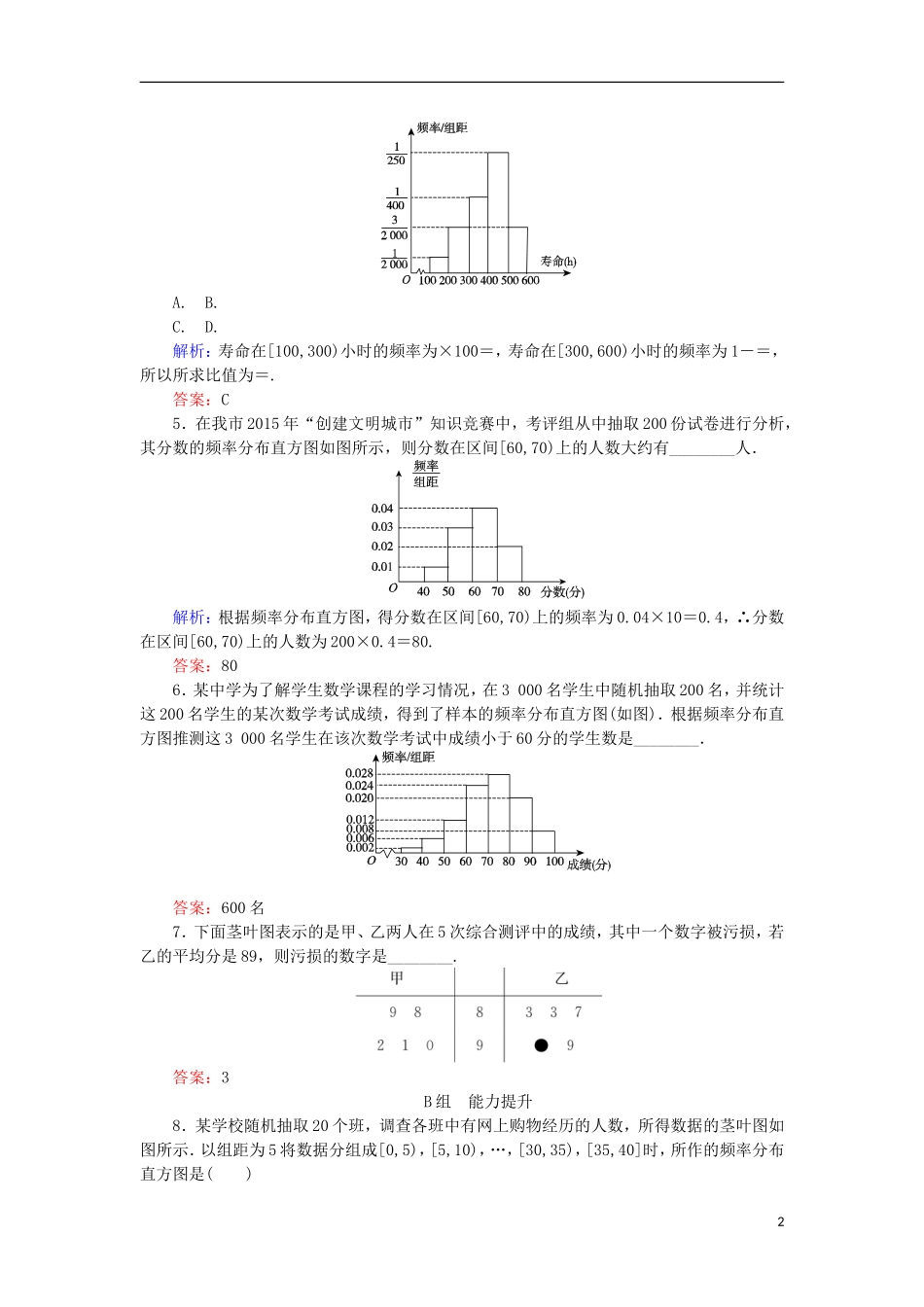 高中数学 12 用样本的频率分布估计总体分布习题 新人教A版必修3-新人教A版高二必修3数学试题_第2页