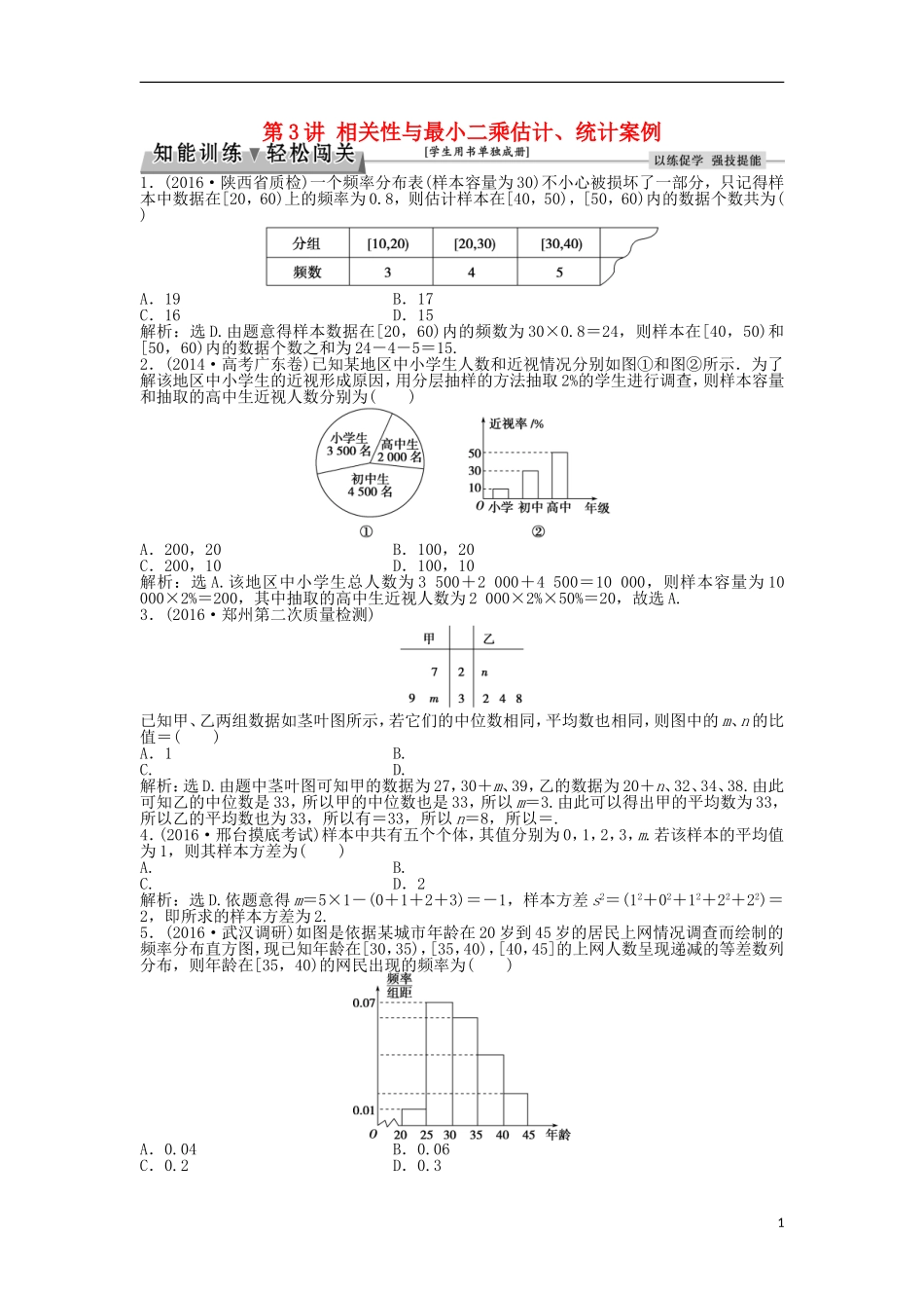 高考数学一轮复习 第10章 统计、统计案例及算法初步 第2讲 统计图表、数据的数字特征、用样本估计总体知能训练轻松闯关 理 北师大版-北师大版高三全册数学试题_第1页