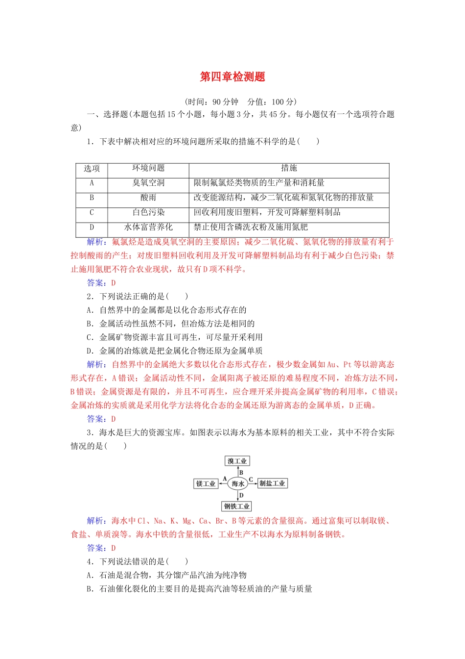 高中化学 第四章 化学与自然资源的开发利用检测题 新人教版必修2-新人教版高一必修2化学试题_第1页