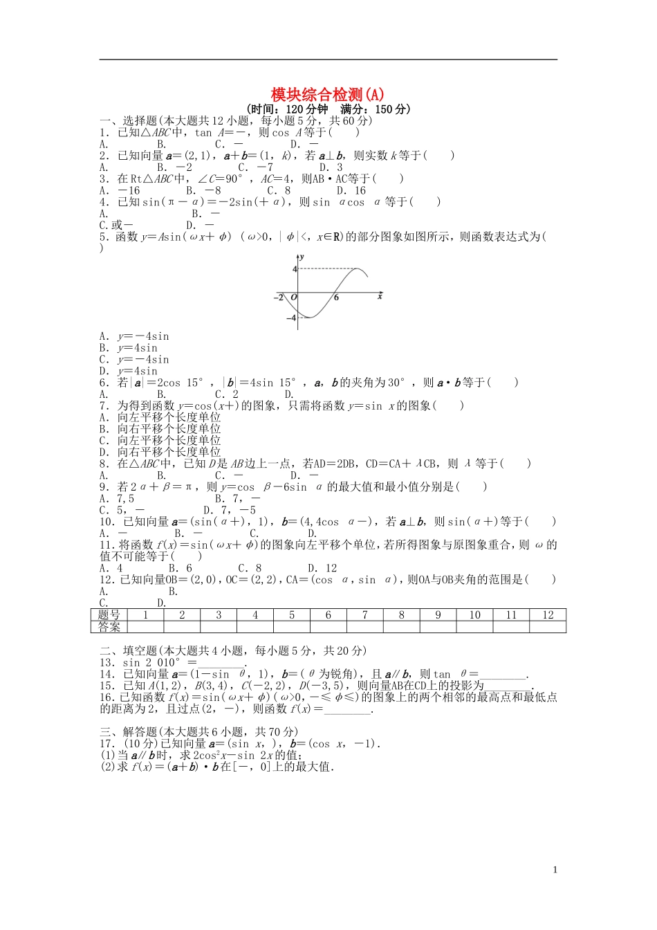 高中数学 模块综合检测（A）新人教A版必修4-新人教A版高一必修4数学试题_第1页