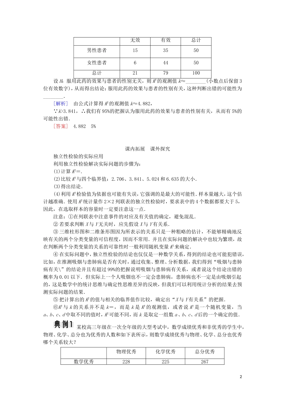高中数学 第三章 统计案例 3-2 独立性检验的基本思想及其初步应用随堂达标验收 新人教A版选修2-3-新人教A版高二选修2-3数学试题_第2页