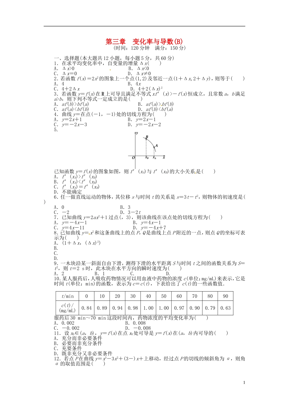 高中数学 第三章 变化率与导数单元检测（B）（含解析）北师大版选修1-1-北师大版高二选修1-1数学试题_第1页
