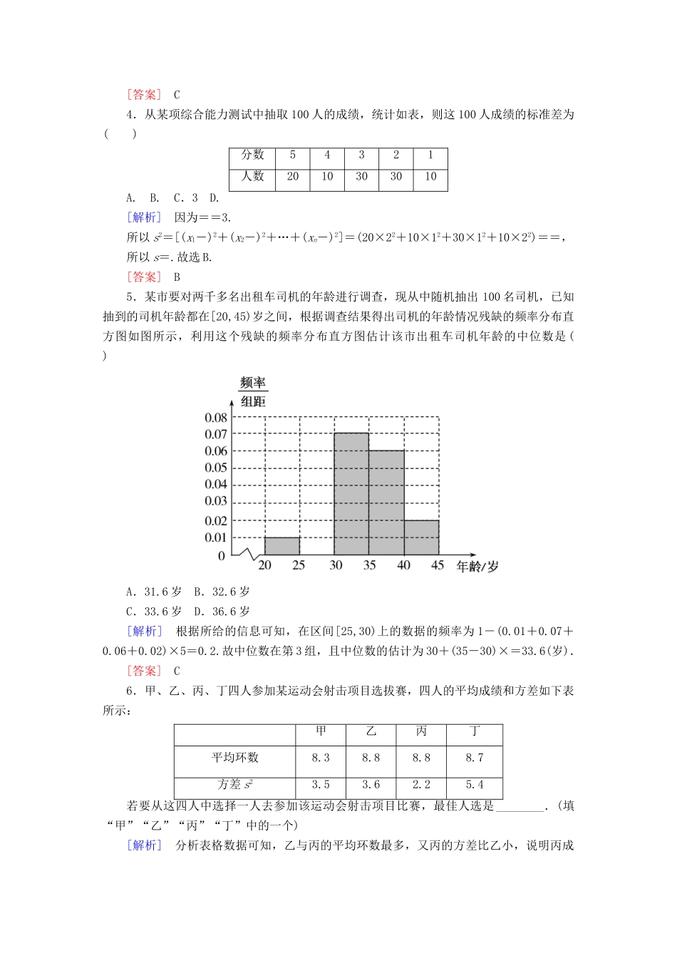 高中数学 课后作业14 用样本的数字特征估计总体的数字特征 新人教A版必修3-新人教A版高一必修3数学试题_第2页