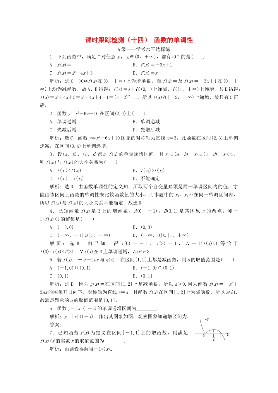 高中数学 课时跟踪检测（十四）函数的单调性 新人教A版必修第一册-新人教A版高一第一册数学试题_第1页