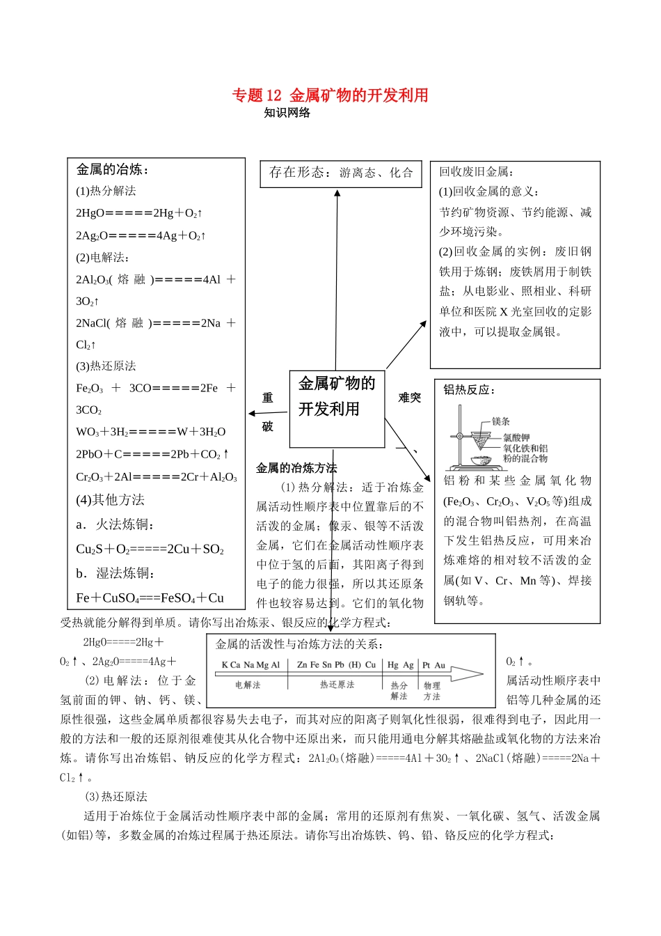 高中化学 期末大串讲 专题12 金属矿物的开发利用（知识讲解）（含解析）-人教版高一全册化学试题_第1页