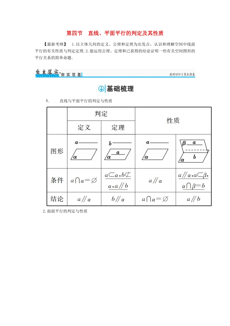 高考数学一轮总复习 第七章 立体几何 第四节 直线、平面平行的判定及其性质练习 文-人教版高三全册数学试题_第1页